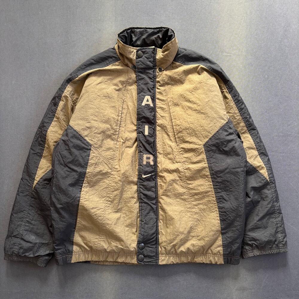 Vintage 90's Nike Air Swoosh Insulated Jacket Tan Black Nylon Sz M Fits L